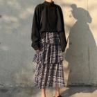 Long-sleeve Mock Neck Top / Plaid Midi A-line Tiered Skirt