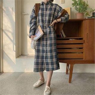Slit-side Checked Long Shirtdress