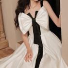 Spaghetti Strap Bow Accent Silky A-line Evening Gown