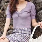 Short-sleeve Ruched Knit Top Purple - One Size