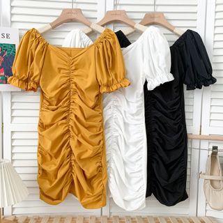 Wide V-neck Ruched Mini Dress In 6 Colors