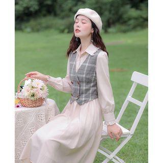 Set: Long-sleeve Midi Dress + Double Breasted Vest