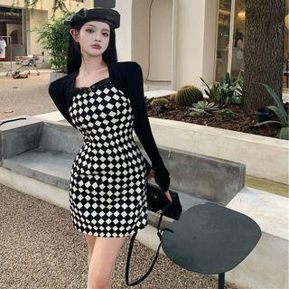 Spaghetti-strap Checkerboard Mini Sheath Dress / Long-sleeve Shrug