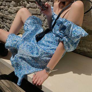 Ruffle Trim Floral Puff-sleeve Cropped Blouse / Mini A-line Dress