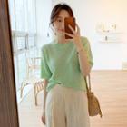 Plain Short-sleeve Knit Top Mint Green - One Size