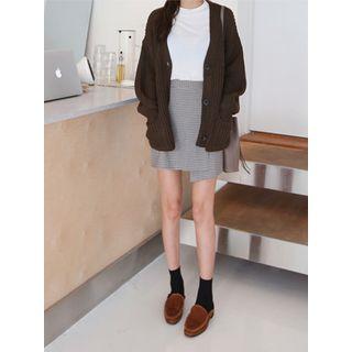 V-neck Puff-sleeve Rib-knit Cardigan