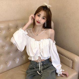 Mesh Panel Cold-shoulder Drawstring Cropped Blouse