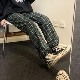 Plaid Panel Drawstring Hem Pants