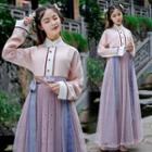 Set: Stand Collar Hanfu Top + Tie-waist Mesh Maxi Skirt
