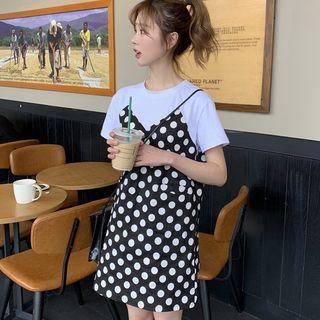 Mock Two-piece Dotted Short-sleeve Dress As Shown In Figure - One Size