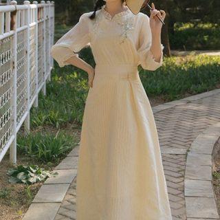 Set: 3/4-sleeve Embroidered Frog-button Blouse + Midi A-line Skirt