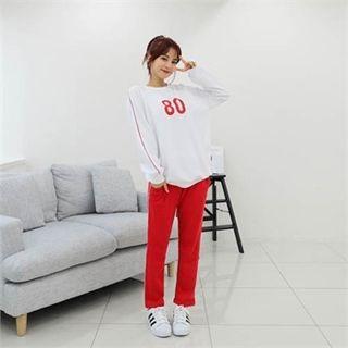 Set: Raglan-sleeve Number Sweatshirt + Contrast-trim Sweatpants