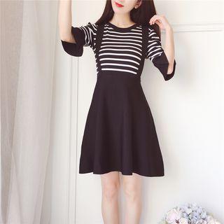 Elbow-sleeve Striped A-line Mock Two-piece Dress