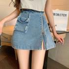 High-waist Asymmetric Denim Zip Mini A-line Skirt