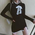 Long-sleeve Lace Trim Slit Mini Bodycon Dress