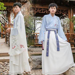 Sword Embroidered Bell-sleeve Top Midi A-line Skirt / Sash / Embroidered Open Front Jacket / Set