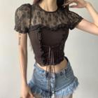 Short-sleeve Lace Panel Lace-up Crop Top