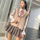 Flared-cuff Bow Shirt / V-neck Knit Vest / Pleated A-line Skirt