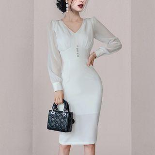Mesh-sleeve Rhinestone V-neck Sheath Dress