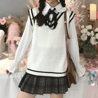 Bell-sleeve Shirt / Sweater Vest / Plaid Mini A-line Skirt