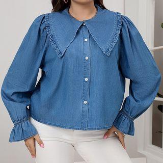 Plus Size Long Sleeve Flared Cuff Denim Shirt