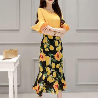 Set: Ruffled Top + Printed Midi Skirt