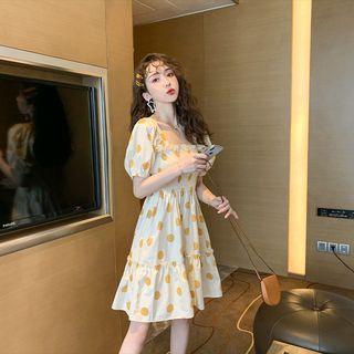 Dotted Square-neck Puff-sleeve A-line Dress