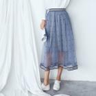 Stripe-detail Tulle-overlay Midi Skirt