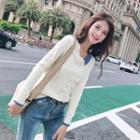 Long-sleeve V-neck Color Block Sweater White - One Size
