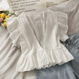 Eyelet Deep V-neck Ruffled Blouse White - One Size