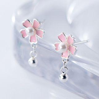 925 Sterling Silver Faux Pearl Flower Drop Earring Silver - One Size
