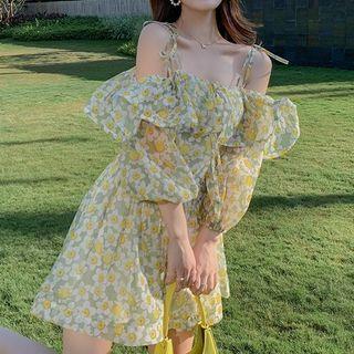 Balloon-sleeve Cold-shoulder Floral Print Mini Sheath Dress