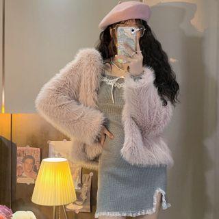 Long-sleeve Lace Trim Mini Bodycon Dress / Fluffy Jacket