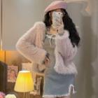Long-sleeve Lace Trim Mini Bodycon Dress / Fluffy Jacket