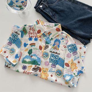 Short-sleeve Cartoon Print Shirt Red & Blue & White - One Size