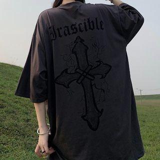 Short-sleeve Lettering Cross Printed Oversized T-shirt