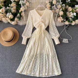 V-neck Drawstring Knit Panel Lace Dress