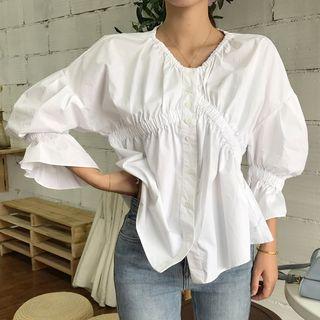 Puff-sleeve Buttoned Blouse / Cut-out Skinny Jeans