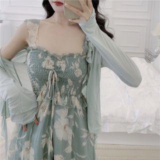 Floral Print Dress / Ruffle-trim Cardigan