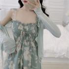 Floral Print Dress / Ruffle-trim Cardigan