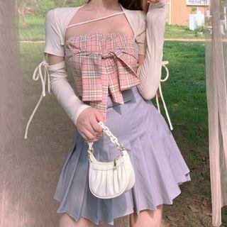 Plaid Tube Top / Jacket / Mini A-line Pleated Skirt