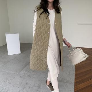 Snap-button Quilted Long Vest