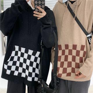 Couple Matching Checkerboard Panel Knit Hoodie