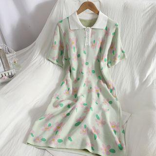Collared Floral Knit Midi A-line Dress Light Green - One Size