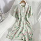 Collared Floral Knit Midi A-line Dress Light Green - One Size