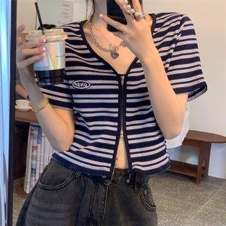 Short-sleeve Striped Zip Crop Top