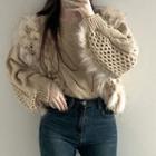 Fluffy Panel Cable Knit Cropped Sweater Khaki - One Size