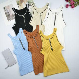 Sleeveless Contrast Trim Zip Knit Top