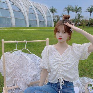 Puff-sleeve V-neck Floral Drawstring T-shirt