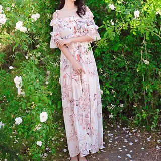 Printed Off-shoulder Maxi Chiffon Dress